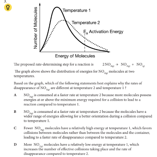 <p>Based on the graph, which of the following statements best explains why the rates of disappearance of NO2(g) are different at temperature 2 and temperature 1 ?</p>