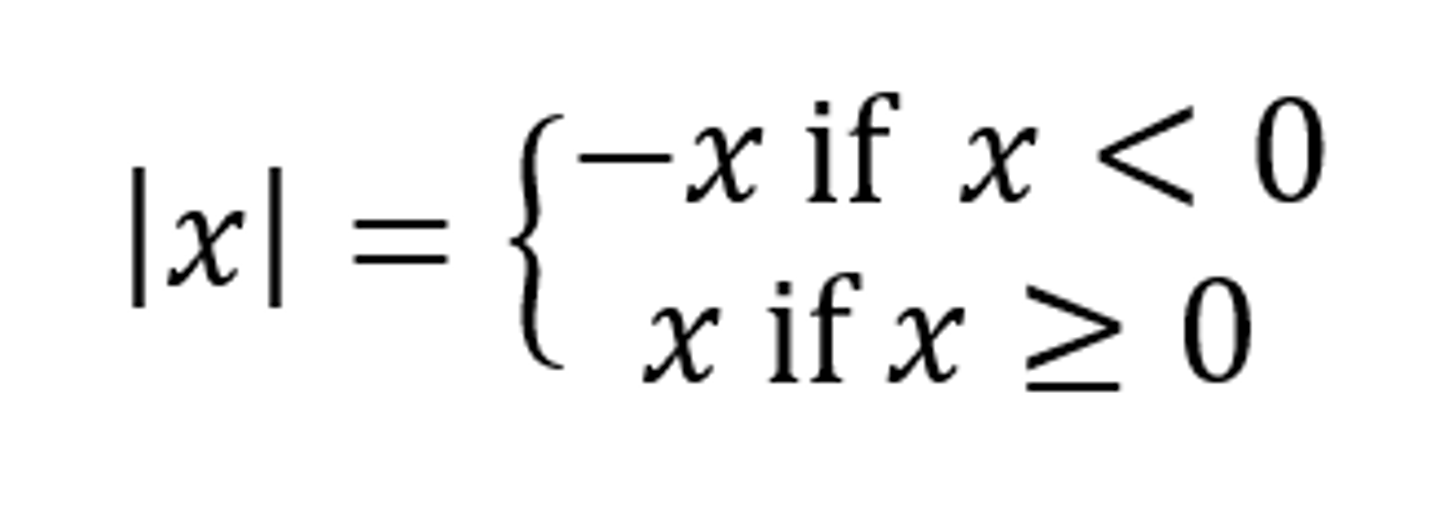 <p>If x is negative, the absolute value of x can be represented by the "opposite of x" (written -x). If x is greater than or equal to 0, the absolute value of x can be represented as just x.</p>