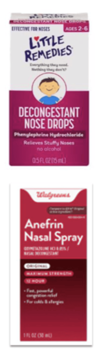 <p>- nasal congestion</p><p>ex: oxymetazoline, phenylephrine, naphazoline (afrin, neo-synephrine)</p>