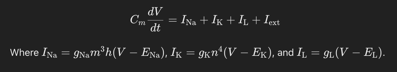 <p>The Hodgkin-Huxley equations describe changes in membrane potential (VVV) and ion channel conductances:</p>