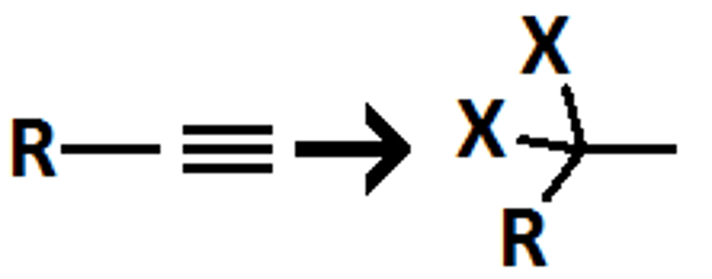 <p>hydrohalogenation</p><p>terminal alkyne to alkane</p>