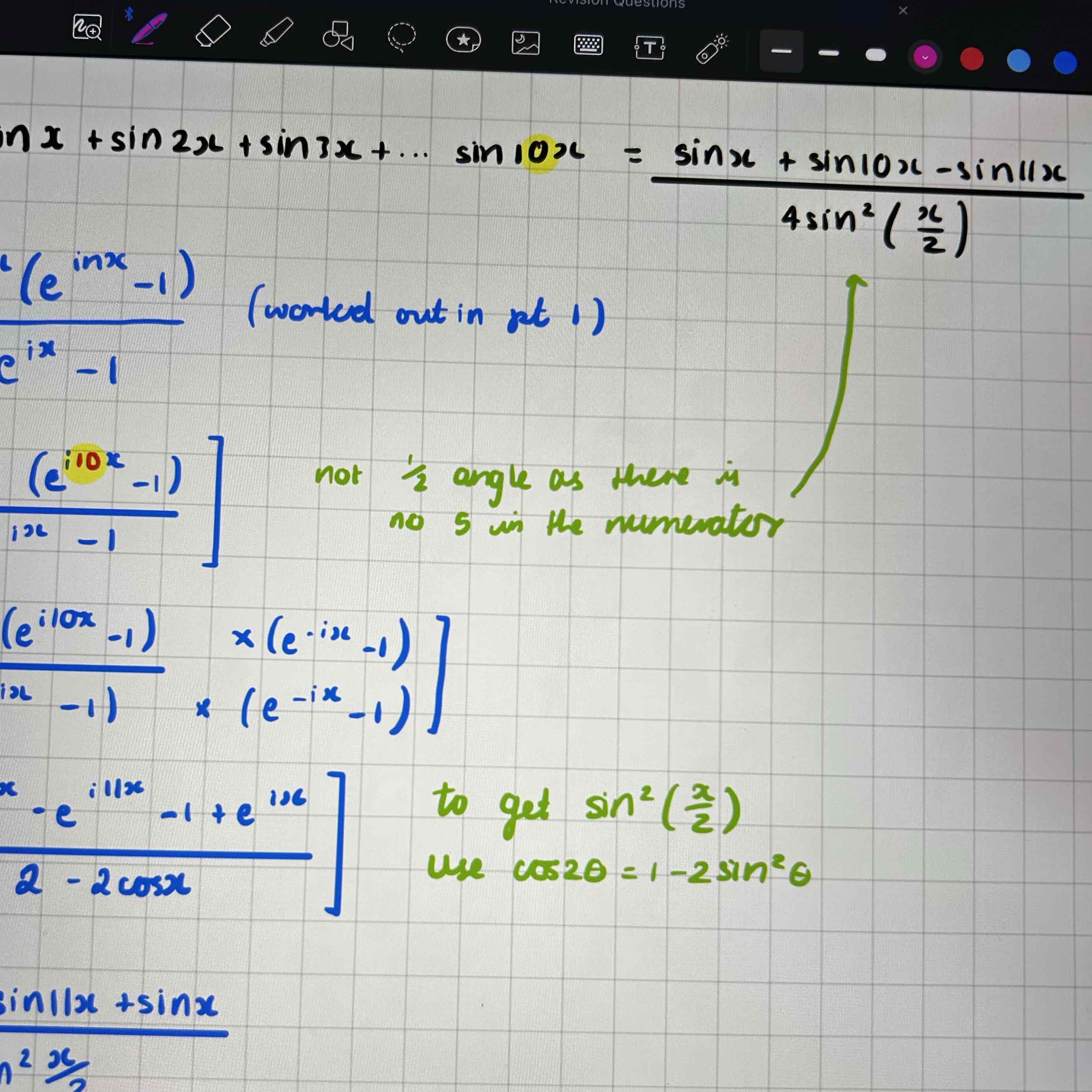 <p>Expand to see list of results </p><p>Im [(e^ix +1)^n]</p><p>Since double angle in answer, take out a factor of e^(ix/2). A double angle only counts if it is the final angle on the list of expanded results, divided by 2. </p><p>Expand the e^ix</p><p>Write in modulus arg form to get answer</p>