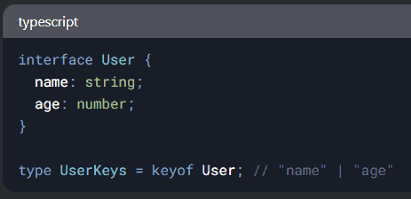<p>keyof zwraca unię kluczy danego typu:</p><p>typescript</p>