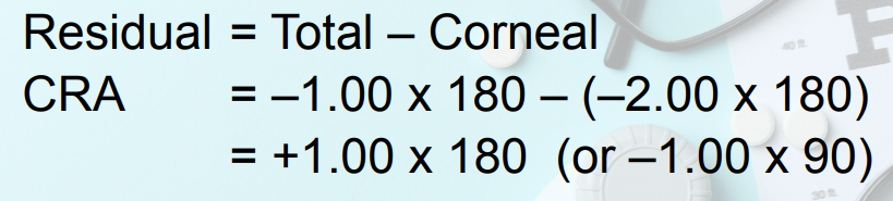 <p>total astigmatism = the cylinder component from rx</p><p>corneal astigmatism = keratometer readings</p><p><strong>FORMULA</strong></p><p>Residual CRA Formula = Total - Corneal</p>