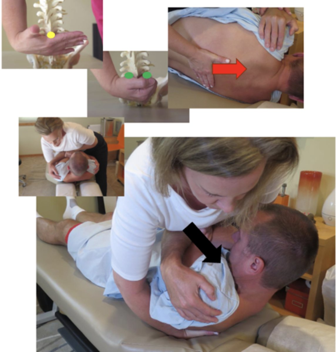 <p>• PP: Supine, arms crossed on shoulders, patient in flexed position ,asks permission to open gown, verbalize finding the segment</p><p>• DP: Modified fencer, opposite side of contact, tissue slack from below</p><p>• CH: Bilateral thenar OR spinous contact on superior segment</p><p>• IH: Contacts the patient's crossed arms</p><p>• Vector: A-P and I-S to induce flexion</p>