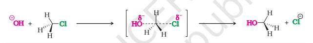 <ol><li><p>The nucleophile cannot approach in the same direction as X because both are electron-rich, so it attacks from behind</p></li><li><p>Both nucleophile and halogen will be attached (transition state) and the compound becomes unstable</p></li><li><p>The halogen gets removed as X⁻</p></li></ol>