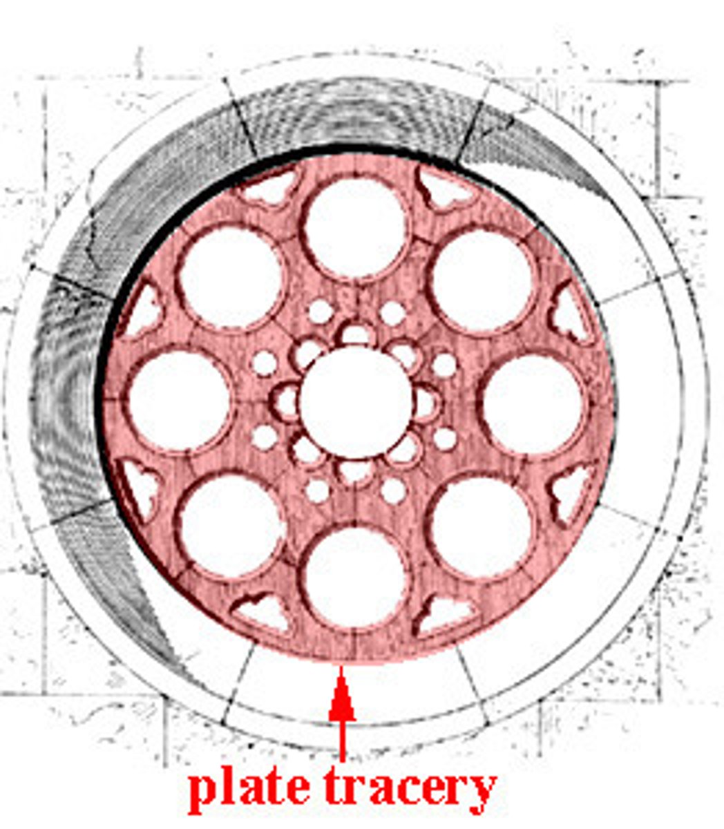 <p>A type of tracery; uses thick areas of stone to separate glazed areas; the stone dominates the window rather than the glass</p>