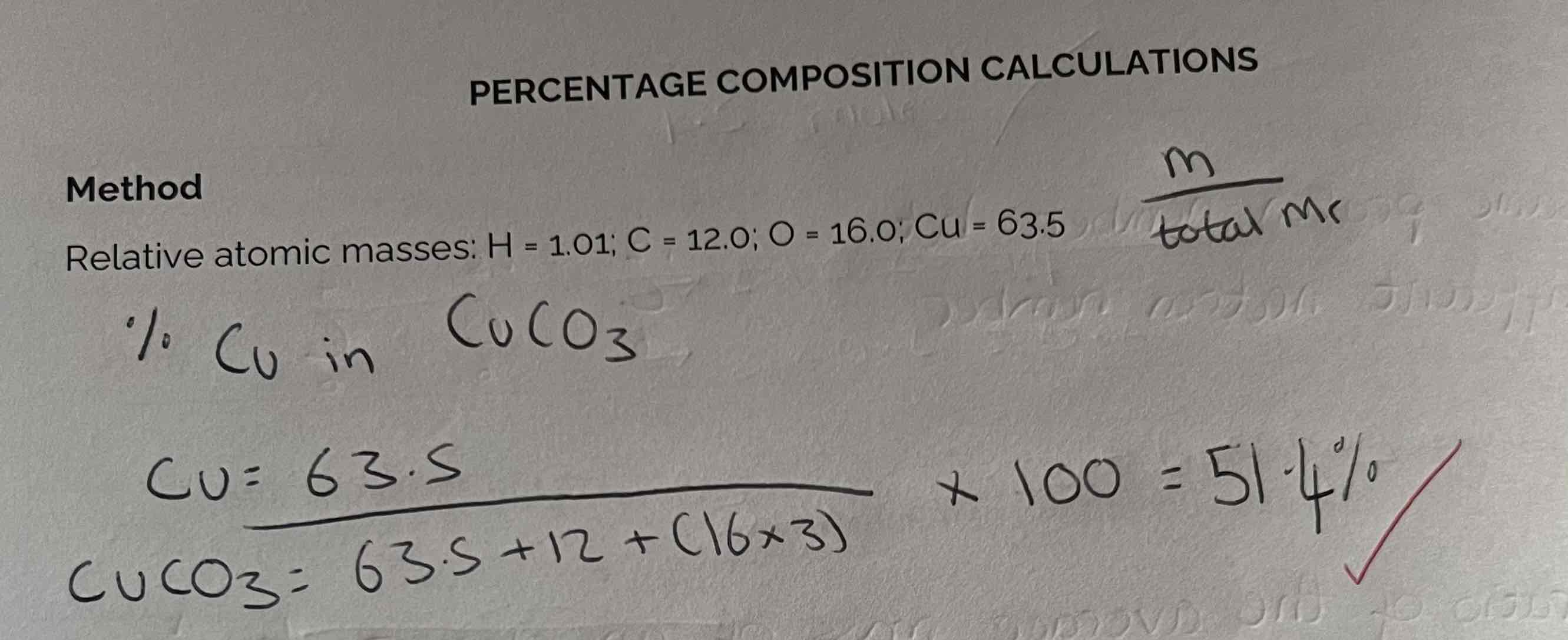 <p>% composition = mass of element/ total Mr x 100</p>