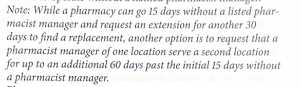<ul><li><p>IN ADDITION TO THE 15 DAY EXTENSION!!!!!!!!!!</p><ul><li><p><strong>1. can get a 30 day extension (on top of 15)</strong></p></li><li><p><strong>2. can have another pharmacy manager serve as a manager at 2 places for up to 60 days (on top of 15)</strong></p></li></ul></li></ul><p></p>