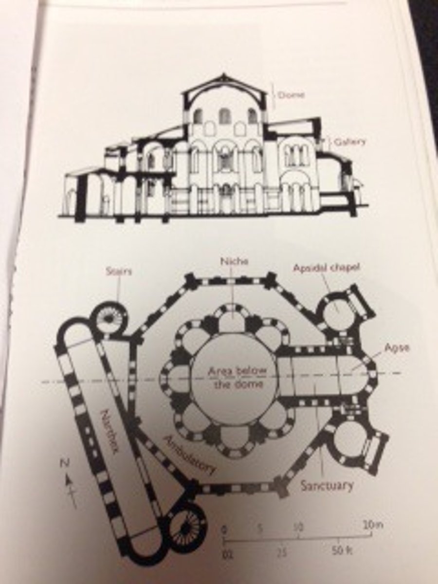 <p>A symmetrical church plan organized around a dominant central space surrounded by an ambulatory based on Late Roman imperial, funerary, and liturgical architecture.</p>