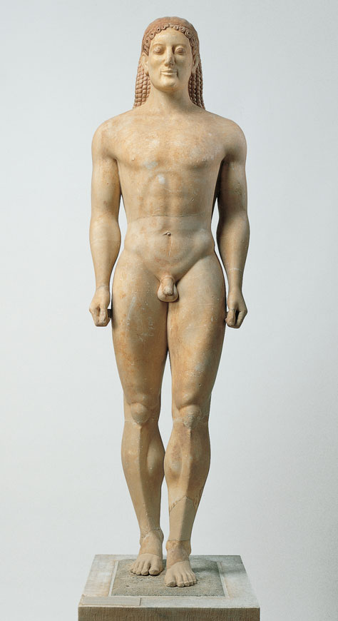 <ul><li><p><u><strong>Form</strong></u></p><ul><li><p>Emulates the stance of Egyptian sculpture but is nude; arms and legs are largely cut free from the stone.</p></li><li><p>Rigidly frontal.</p></li><li><p>Freestanding and able to move; in contrast, many Egyptian works are reliefs or are attached to the stone.</p></li><li><p>Hair is knotted and falls in neatly braided rows down the back.</p></li><li><p>Some paint survives, some of it encaustic, which would have given the sculpture greater life.</p><ul><li><p><strong>Encaustic</strong>: a type of painting in which colors are added to hot wax to affix to a surface</p></li></ul></li><li><p>“Archaic smile” meant to enliven the sculpture.</p></li></ul></li><li><p><u><strong>Function</strong></u></p><ul><li><p>Grave marker, replacing huge vases of the Geometric period.</p></li><li><p>Sponsored by an aristocratic family.</p></li></ul></li><li><p><u><strong>Content</strong></u></p><ul><li><p>Not a real portrait but a general representation of the dead.</p></li><li><p>Named after a young military hero, <strong>Kroisos</strong>; the inscription at the base identifies him: “Stand and grieve at the tomb of Kroisos, the dead, in the front line slain by the wild Ares.”</p></li></ul></li></ul><p></p><p>Change from egypt; nude, free standing, hait archaic smile, more muscle.</p><p>Continuity: both have tense and flexing muscle, strong stand</p>