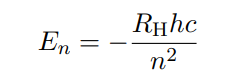 <ul><li><p>R<sub>H</sub> is called the Rydberg constant</p></li><li><p>n is the quantum number (the orbit number)</p></li><li><p>R<sub>H</sub>hc in total has a number of 2.18 × 10<sup>-18 </sup>J</p></li><li><p>This formula states that the energy of an hydrogen atom only can take specific values.</p></li><li><p>ONLY WORKS FOR HYDROGEN</p></li></ul><p></p>