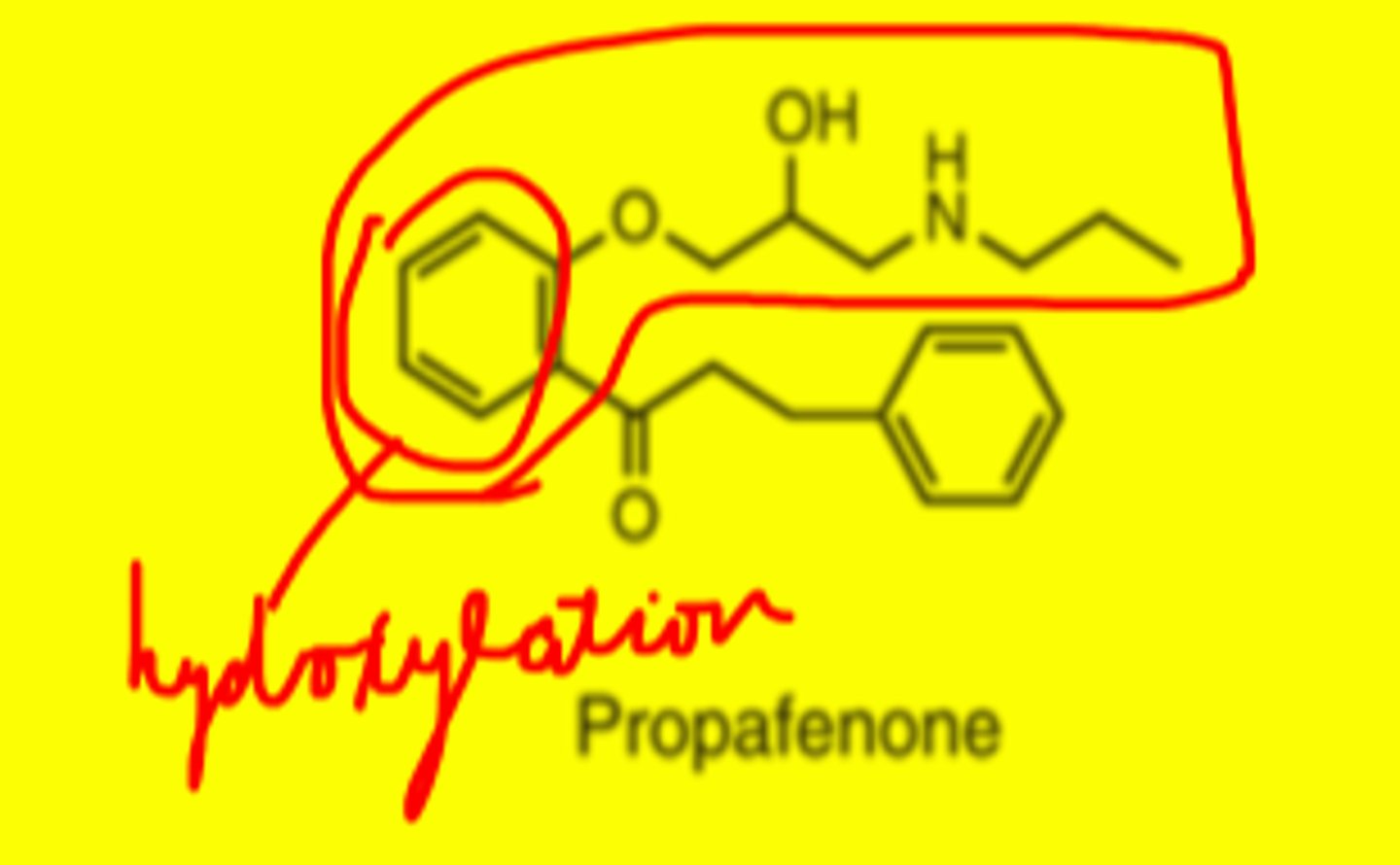 <p>-phenyloxypropanolamine pharmacophore</p><p>-phenyl ring gets hydroxylated by CYP2D6</p>