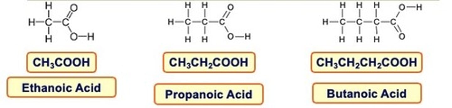 <p>In carboxylic acids a carbon chain is ended in a carboxyl group.<br><br>This is often written as -COOH<br><br>When naming carboxylic acids don't forget the carbon in the carboxyl group is counted in the name.</p>