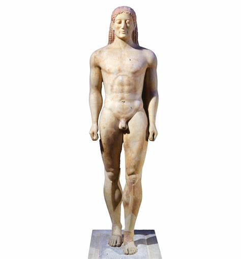 <ol><li><p>Archaic greek sculpture</p></li><li><p>Smile was meant to show alive rather than joy</p></li><li><p>Similar to egyptian statues, but able to stand on its own without support</p></li><li><p>It was a grave marker for an aristocratic son</p></li><li><p>Not accurate, but generalized depiction of deceased</p></li></ol><p></p>