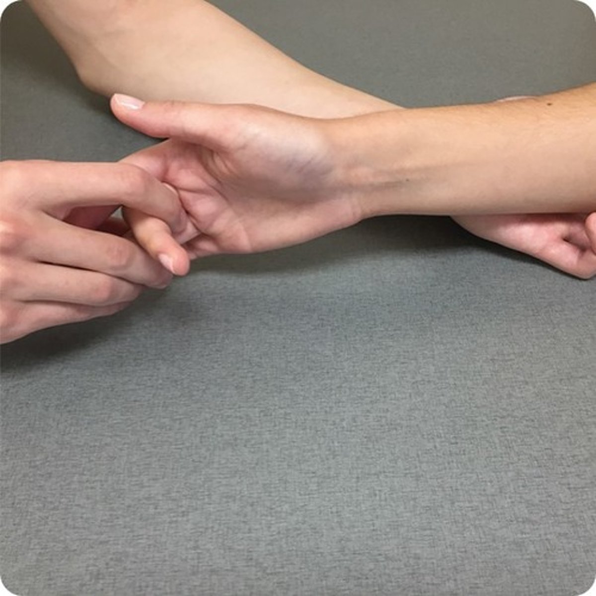 <p>Patient Position: Forearm neutral lying on ulnar border</p><p>Palpation: Volar proximal forearm or anterior aspect of proximal phalanx (FDS &amp; FDP)</p><p>Compensations: MCP flexion, DIP flexion, &amp; wrist flexion</p>