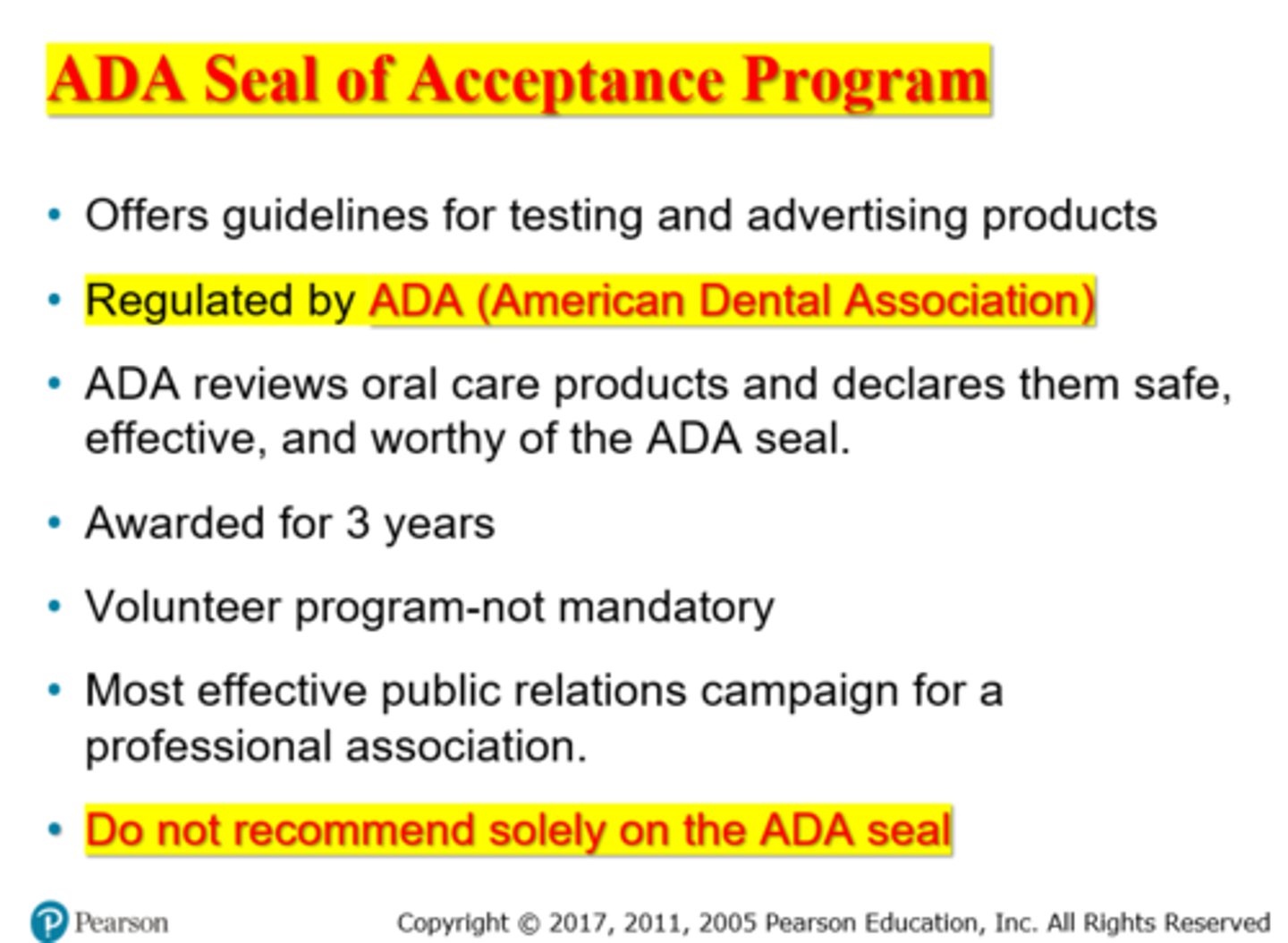 <p>American Dental Association (pg. 284)</p><p>3 multiple choice options</p>