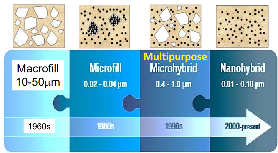 <p>macrofill (1960s) → microfill (1980s) → microhybrid (1990s) → nanohybrid (2000/present)</p>