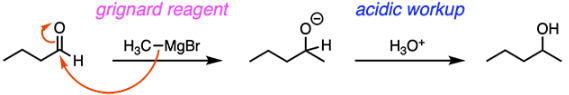 <p>C</p><p><span>Recall that carbon is more </span><strong>electronegative</strong><span> than magnesium, so electron density in methyl magnesium bromide </span><strong>(Grignard reagent)</strong><span> is mostly on the methyl group. The carbon on this methyl group, which is very electron-rich, functions as a </span><strong>nucleophile</strong><span> and attacks the </span><strong>carbonyl carbon</strong><span> of the reacting aldehyde. The carbonyl carbon is electrophilic (electron-deficient) because it is double bonded to oxygen, a highly electronegative atom. When the Grignard reagent attacks the aldehyde, a pair of electrons from the pi bond are kicked up onto the oxygen to form an </span><strong>alkoxide</strong><span> ion. The alkoxide is subsequently protonated during the acidic workup to form the final product, as shown below.</span></p>