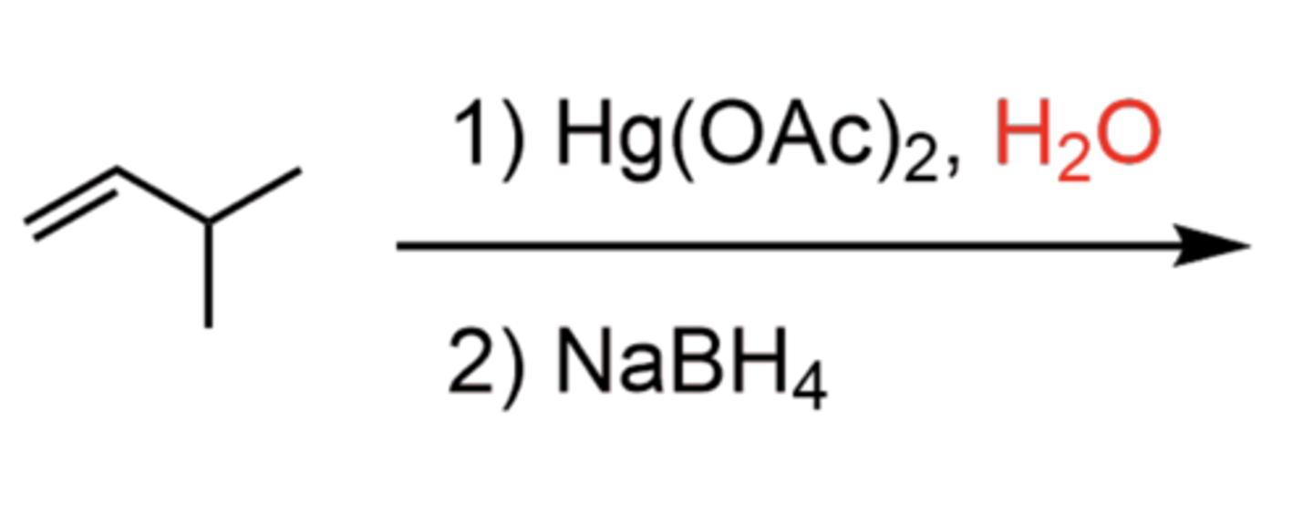 <p>Alkene + 1)Hg(OAc)2 2)NaBH4 (mechanism roadmap)</p>