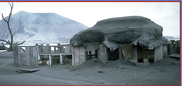 Some eruptions cancontain *tephra*.

\
Accumulations of tephra are referred to as @@pyroclastic deposits.@@

\
If compacted together, these deposits are called ^^pyroclastic rock.^^

\
These volcanoes are common in Hawaii, Iceland and around the indian Ocean