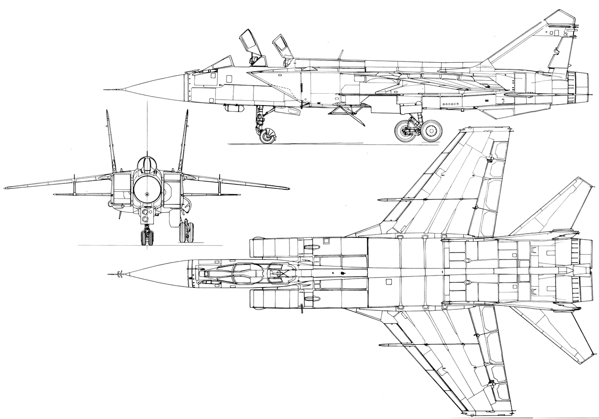 <p>FOXHOUND, MiG-31, МиГ-31 (Tandem seat, sloped intakes, exhaust obtrudes past vertical stablisers, Long pointed nose)</p>