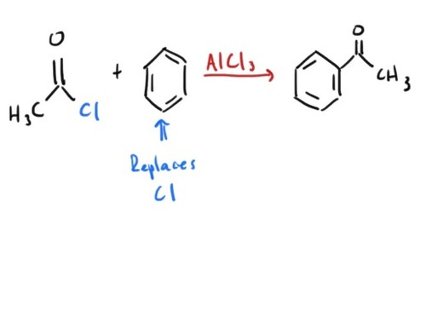 <p>Aromatic ring acylated through electrophillic aromatic substitution.</p>