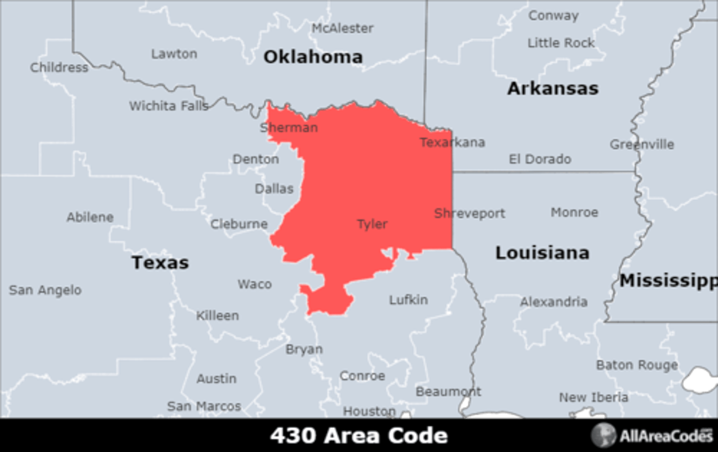 <p>Area code 430 is located in northeastern Texas and covers Tyler, Longview, and Sherman. It is an overlay for area code 903 and serves the same area.</p>