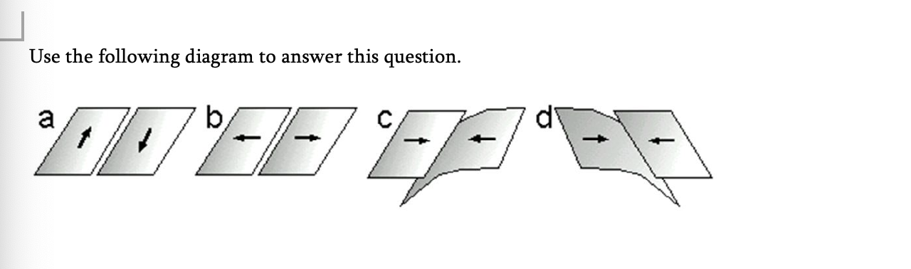 <p><span style="font-family: Times, serif;"><span>Which of the images best represents the plate boundary between the South American and African plates?&nbsp;</span></span></p><p><span style="font-family: Times, serif;"><span>A.&nbsp;Diagram a</span><span><br></span><span>B.&nbsp;Diagram b</span><span><br></span><span>C.&nbsp;Diagram c</span><span><br></span><span>D.&nbsp;Diagram d</span></span></p>