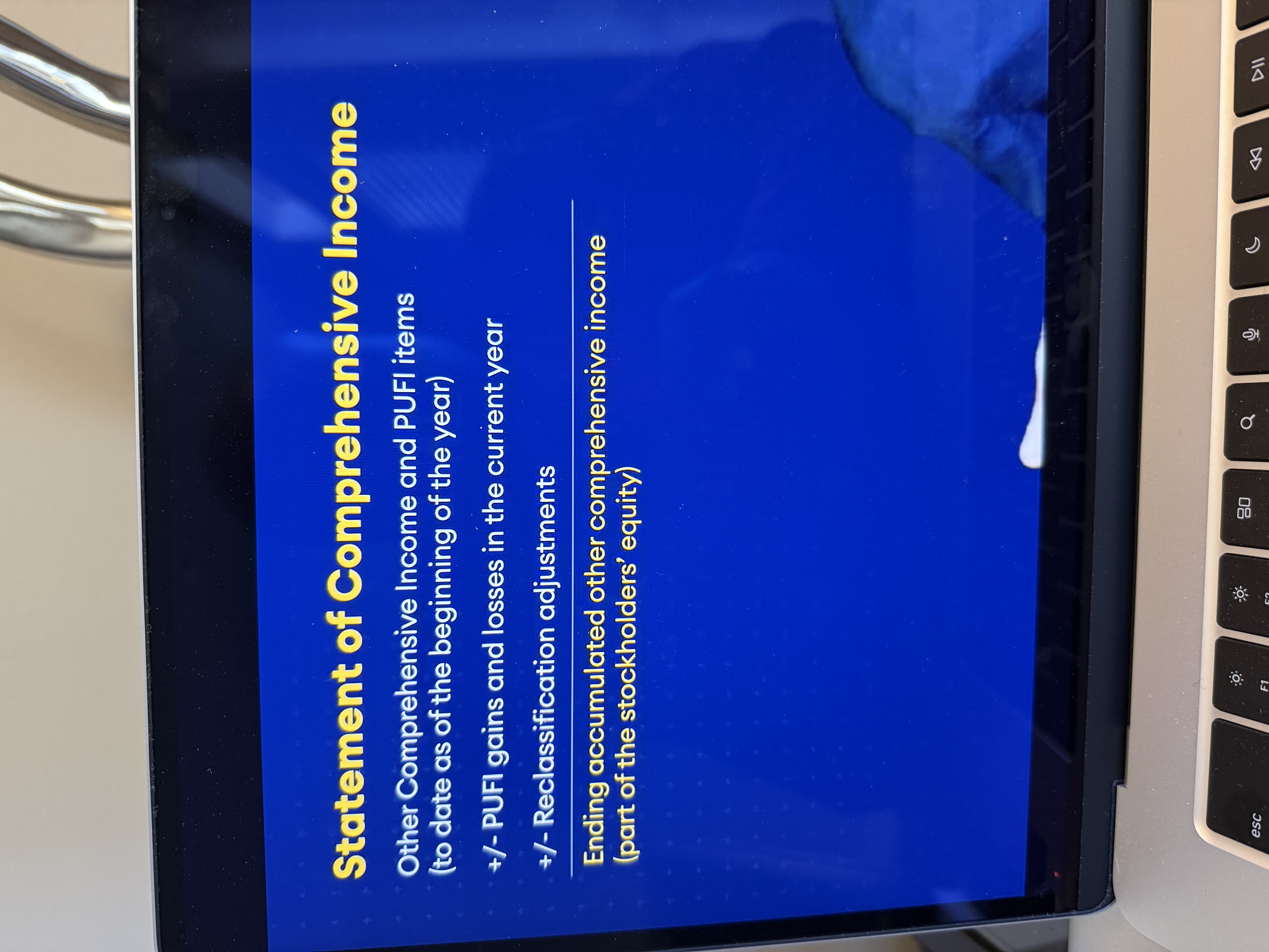 <p>Statement of comprehensive income</p><p>Comprehensive income = net income + other comprehensive income (OCI)</p><p>OCI items are revenues, expenses, gains, and losses that are included in <strong>comprehensive income</strong>, but excluded from net income under US GAAP.</p>