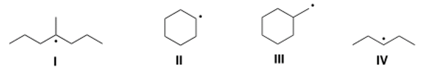 <p>Which of the following compounds contain secondary (2°) radical carbons?</p><p>A) Only I</p><p>B) Only II</p><p>C) Only III</p><p>D) Only II and IV</p>