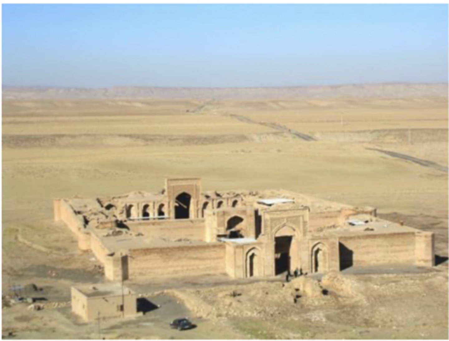 <p>on a road in Iran; 12th century; Saljuq; Inn</p><ol><li><p><span>One doorway, home for merchants, protection against attacks,&nbsp;</span></p></li><li><p><span>Inner outer area; inner for people to stay, outer for animals, etc.</span></p></li><li><p><span>4-iwan plan (2 different ones to organize space)</span></p></li><li><p><span>More popular → trade routes, sponsorship of trade</span></p></li><li><p><span>Pishtaq Portal → normalized in Caravanserais</span></p><ol><li><p><span>Ribat-i Sharaf, Iran early 12th Saljuq dynasty</span></p><ol><li><p><span>Inns, built at regular intervals by the state to promote trade (30 kms, 18 miles, 9 hrs)</span></p></li><li><p><span>Waqf endowments</span></p></li><li><p><span>Monumental pishtaq portal (sign of welcome)</span></p></li><li><p><span>Double enclosure with only one door for security</span></p></li><li><p><span>Cross-axial 4-iwan plan</span></p></li></ol></li></ol></li></ol><p></p>