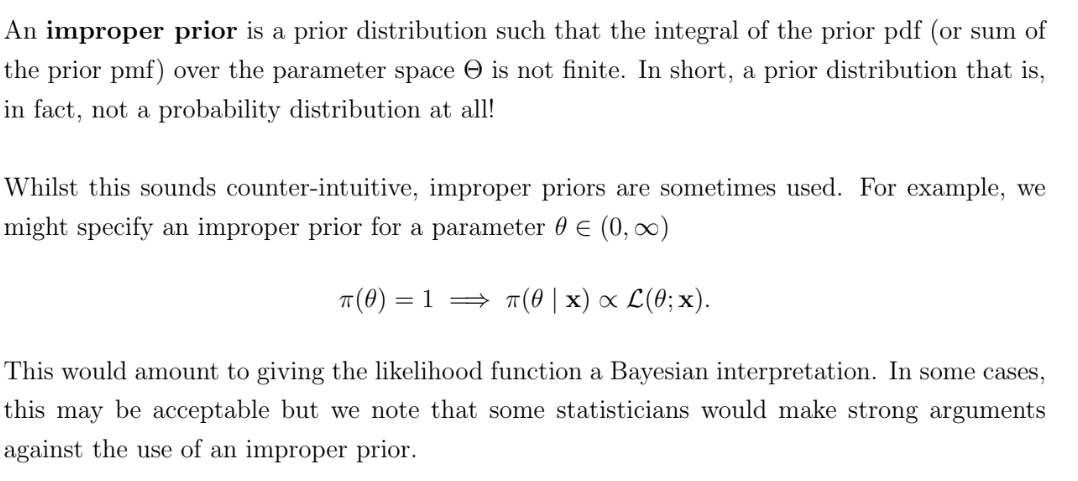 <p>Can obtain a proper posterior from an improper prior</p>