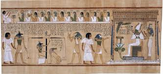 <p>Shows Hu-Nefer in the judgement area getting his heart weighed against the feather of maat</p><p>psychostasis scene meaning judging the soul.</p><p>painted onto a papyrus scroll </p>