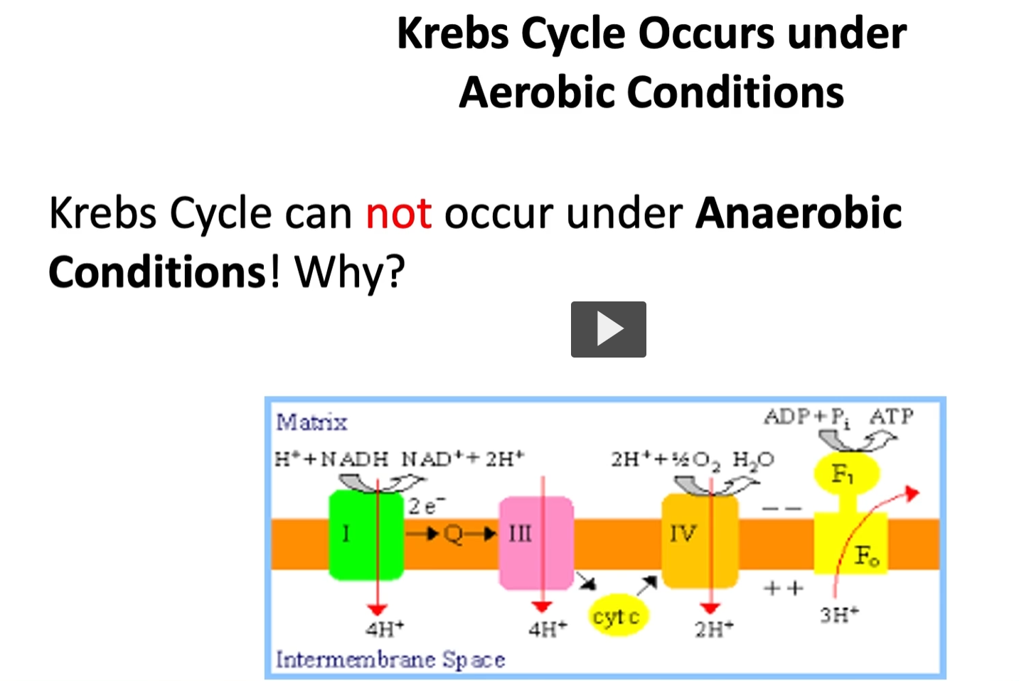 <p>the <strong>kreb’s cycle occurs</strong> under <strong>aerobic conditions </strong>(because oxygen is the final electron acceptor in oxidative phosphorylation). The reason is that NADH and FADH2 provides the electrons needed in the oxidative phosphorylation system, in the final phase, <strong>oxygen</strong> will<strong> accept that electron to be reduced and form water.</strong></p><p>if oxygen is not present, as such in anaerobic conditions, there is no driving force to pull the electron through the oxidative phosphorylation system</p>