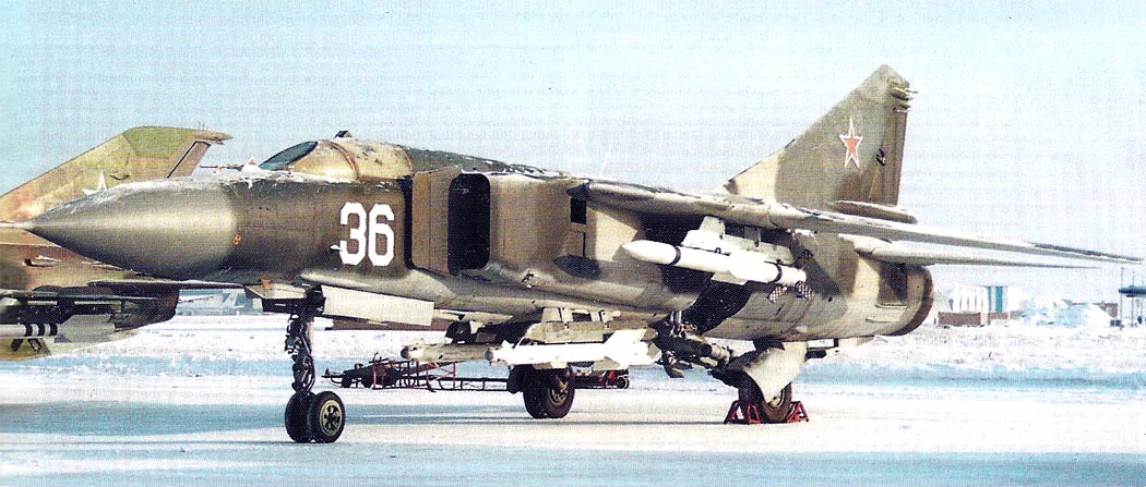 <p>FLOGGER K, MiG-23, МиГ-23 (Pointed nose, D-shaped intakes, variable sweep wing, Single engine, extended vertical stabiliser)</p>