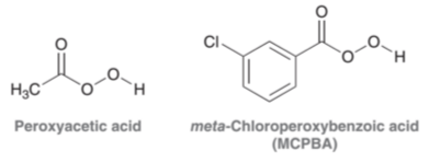 <p>Resemble carboxylic acids in structure, possessing just one additional oxygen atom. Peroxy acids are strong oxidizing agents and are capable of delivering an oxygen atom to an alkene in a single step, producing an expoxide</p>