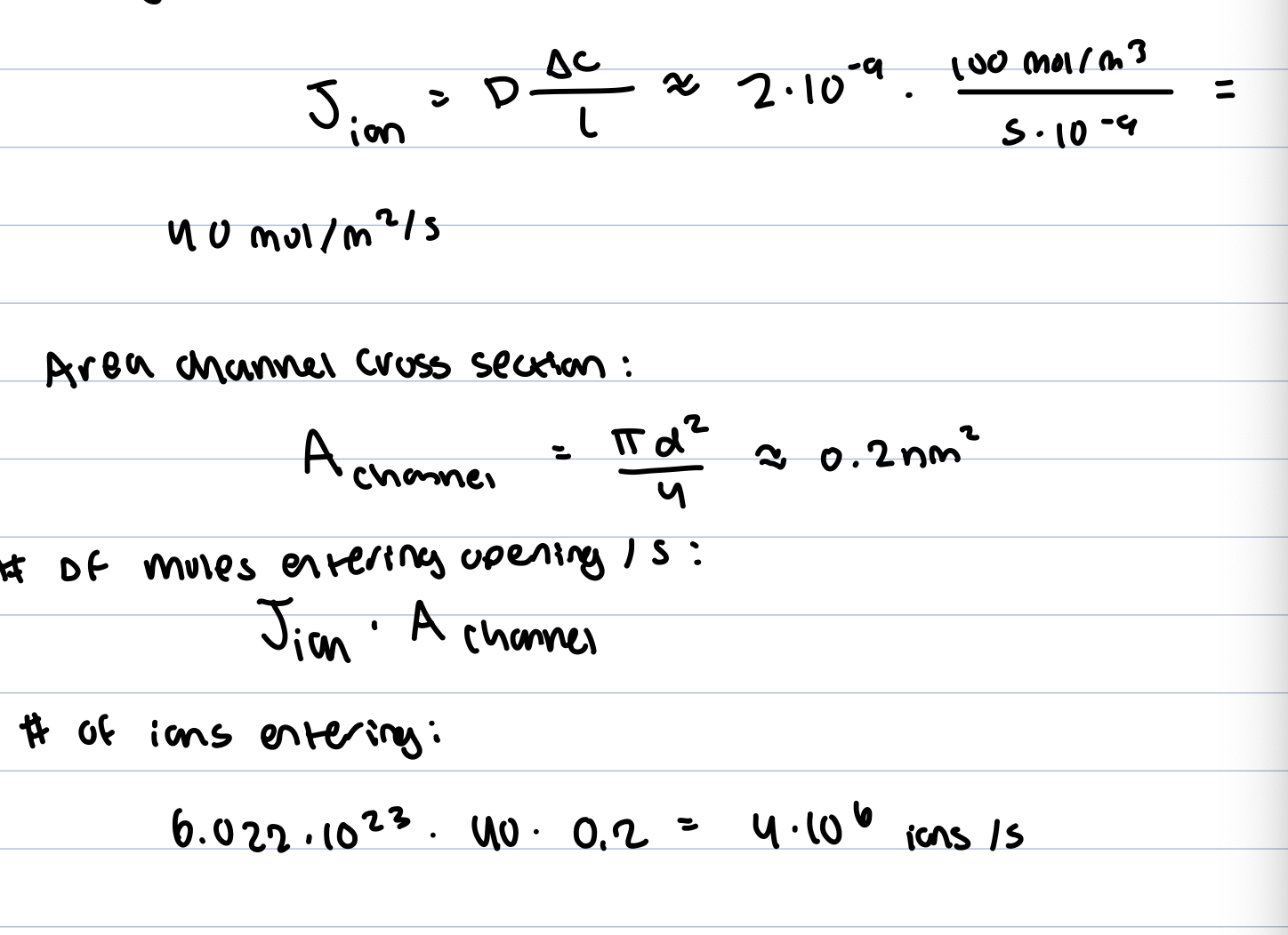 <p>membrane proteins forming narrow pores, a channel is approximated as a cyndrical tube </p><p>diameter d= 0.5nm </p><p>length L = 5nm (membrane thickness) </p><p>cells maintain concentration differences via active tranport </p><p>inside concentration 100mm greater than outside so potassium diffuses outwards </p><p></p>