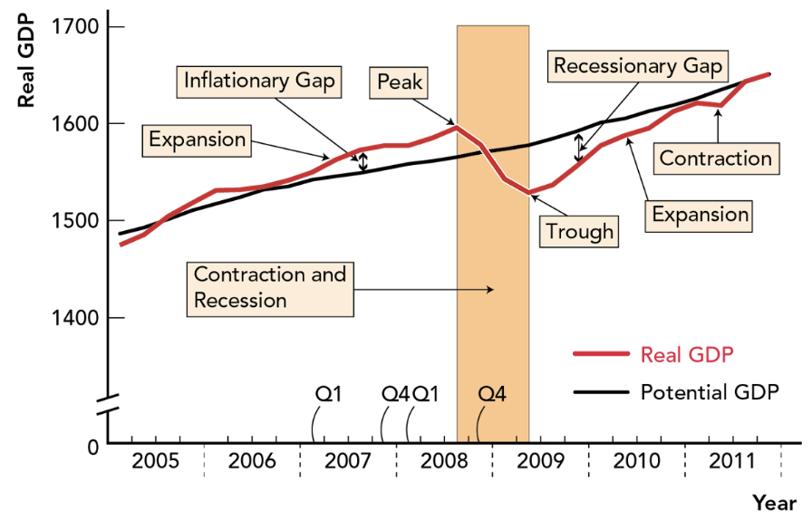 <p>Up and down fluctuations of real GDP</p><ul><li><p><strong>Expansion:</strong> period during with real GDP increases — business activity increases</p></li><li><p><strong>Peak:</strong> highest point of an expansion</p></li><li><p><strong>Contraction:</strong> period during which real GDP decreases — business activity decreases</p></li><li><p><strong>Trough:</strong> lowest point during contraction</p></li><li><p><strong>Recession:</strong> 2+ successive quarters (of a year) contraction of real GDP</p></li></ul><p></p><p><strong>Output Gap:</strong> real GDP - potential GDP</p><ul><li><p><strong>Inflationary Gap:</strong> real GDP is above potential GDP — gap is a positive number</p></li><li><p><strong>Recessionary Gap:</strong> real GDP below potential GDP — gap is a negative number</p></li></ul><p></p>