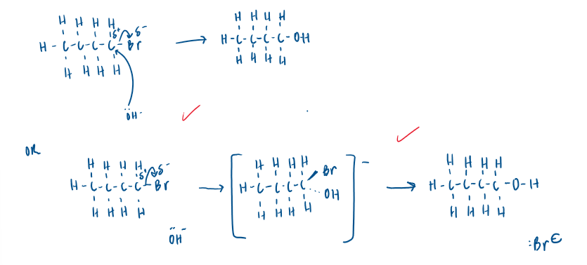 <ul><li><p>1-bromobutane is a primary haloalkane therefore would react via the SN2 mechanism forming temporary bonds </p></li></ul><p></p>