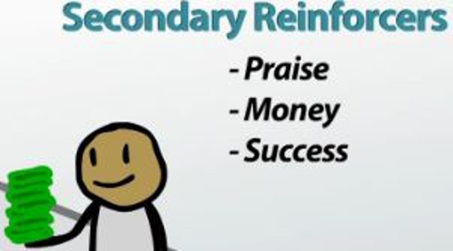 <p>A stimulus that gains its reinforcing power through its association with a primary reinforcer. For example, money, which can be used to buy food or other primary reinforcers, or grades, which can lead to privileges, scholarships, or future opportunities. Secondary reinforcers are the basis of token economies, in which tokens (gold stars at PIE) are earned for desired behaviors and later exchanged for primary reinforcers or other rewards.</p>