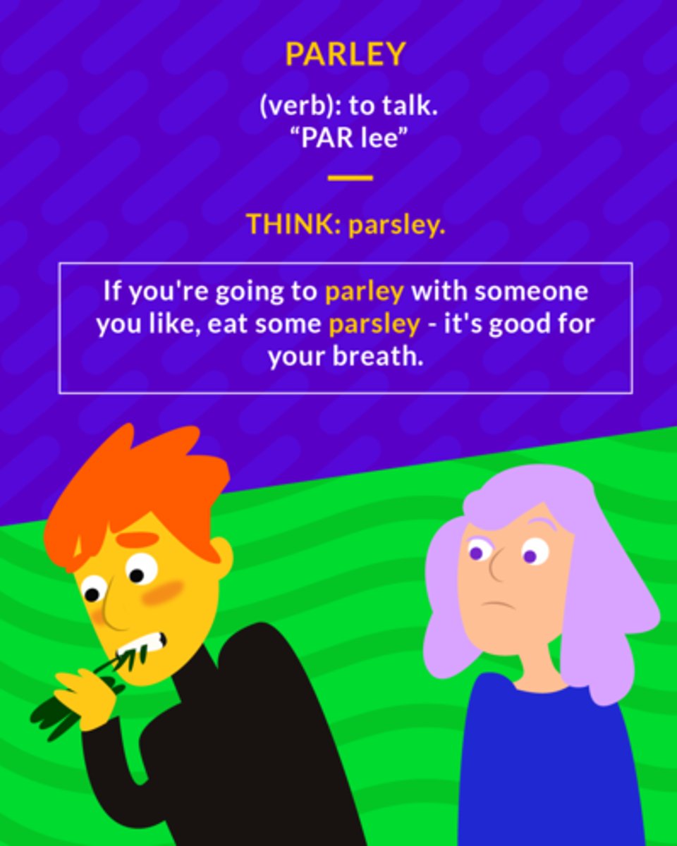 <p>(noun, verb) discussion, usually between enemies</p><p>(verb) to talk</p>