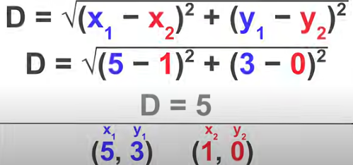 <p>distance = sqrt((x2-x1)²+(y2-y1)²)</p>