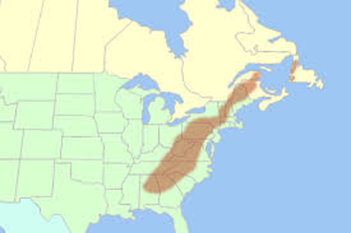 <p>A mountain range that stretches from eastern Canada south to Alabama.</p>