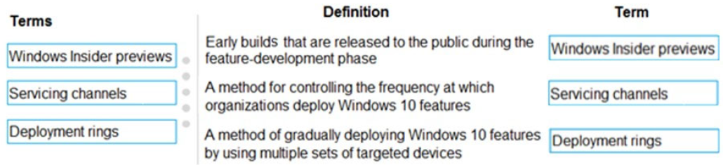 <p><strong>Windows Insider Preview: </strong>Early builds that are released to the public during the feature-development phase</p><p><strong>Servicing Channel: </strong>A method for controlling the frequency at which organizations deploy Windows 10 features</p><p><strong>Deployment Rings:</strong> A method of gradually deploying Windows 10 features by using multiple sets of targeted devices</p>