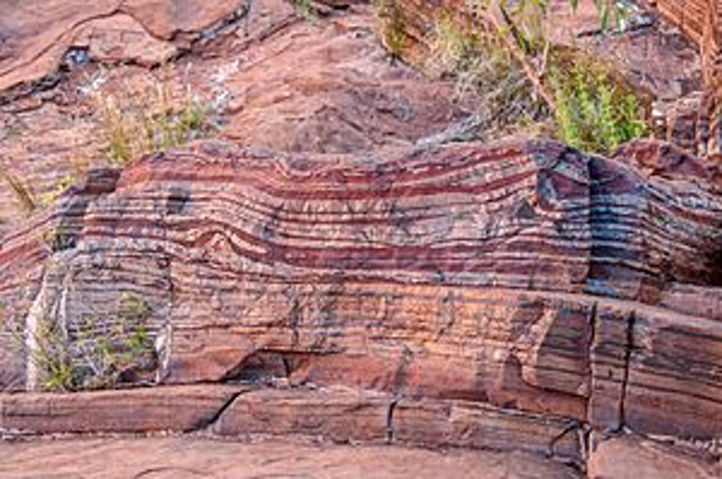 <p>Evidence of oxygen in the atmosphere in the sediments and rocks, caused by the oxidation of Iron when exposed to oxygen. Alternating patterns might suggest seasonal deposition of oxidized and non-oxidized iron.</p>