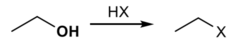 substitution reaction that forms an R-[halogen] and water