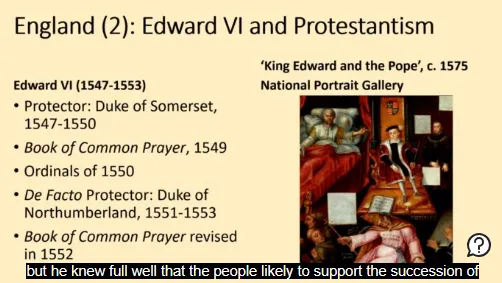 <p>Protestantism took hold w/<strong>Edward VI</strong></p><ul><li><p>Henry placed Prot. allies around Edward VI because they were most likely to supp. his succession</p></li><li><p>Edward Seymour made himself Duke of Somerset &amp; Lord protector of England shortly after Edward’s accession</p></li><li><p>→ under Edward, Edward Seymour &amp; thomas Cranmer had much more freedom to Protestantise/promote Protestantism Britain</p><ul><li><p>alm. immed. repeal traditonalist statements faith e.g. 6 articles, repeal heresy laws &amp; restrictions on bible readingoc. building new Prot. church - invites reformers from continent (e.g. Martin Busser of Strasbourg who’d given shelter to John Calvin + Italian reformer Peter Mater) to get their advice on how to construct a new church &amp; a new confession of faith</p><ul><li><p>results in/ invited them etc over to Britain for advice over how to natigate new faith → <em>Book of Common prayer</em>, 1549 which is guide to practice worship in English churches (removed ancient rites/prayers and use of Latin ← church; authorised use communion both kinds (bread &amp; wine); authorised clerical marriage BUT (compromise not too far): retained prayers for dead, use clerical vestments + talk of the ‘real presence’ of JC in bread &amp; wine communion/eucharist)</p></li></ul></li></ul></li></ul><p>followed up w/further reform 1550: Ordinals 1550</p><ul><li><p>Ordinals 1550: priests redefined as minsiters in similarity to practice in Lutheran &amp; Calvininist churches + images &amp; lables labled popery &amp; superstitious → removed from worship</p></li></ul><p>Under Northumblernad dudley, Reformation accelerated for final 2 yrs Edward’s rule</p><ul><li><p>Revised BOCP 1552 scrapped prayers for dead, removed all talk noble presence, abolished vestments &amp; turned trad. stone altars into simple wooden tables</p></li></ul><p><em>England’s 1st real taste of proper Protestantism</em></p>