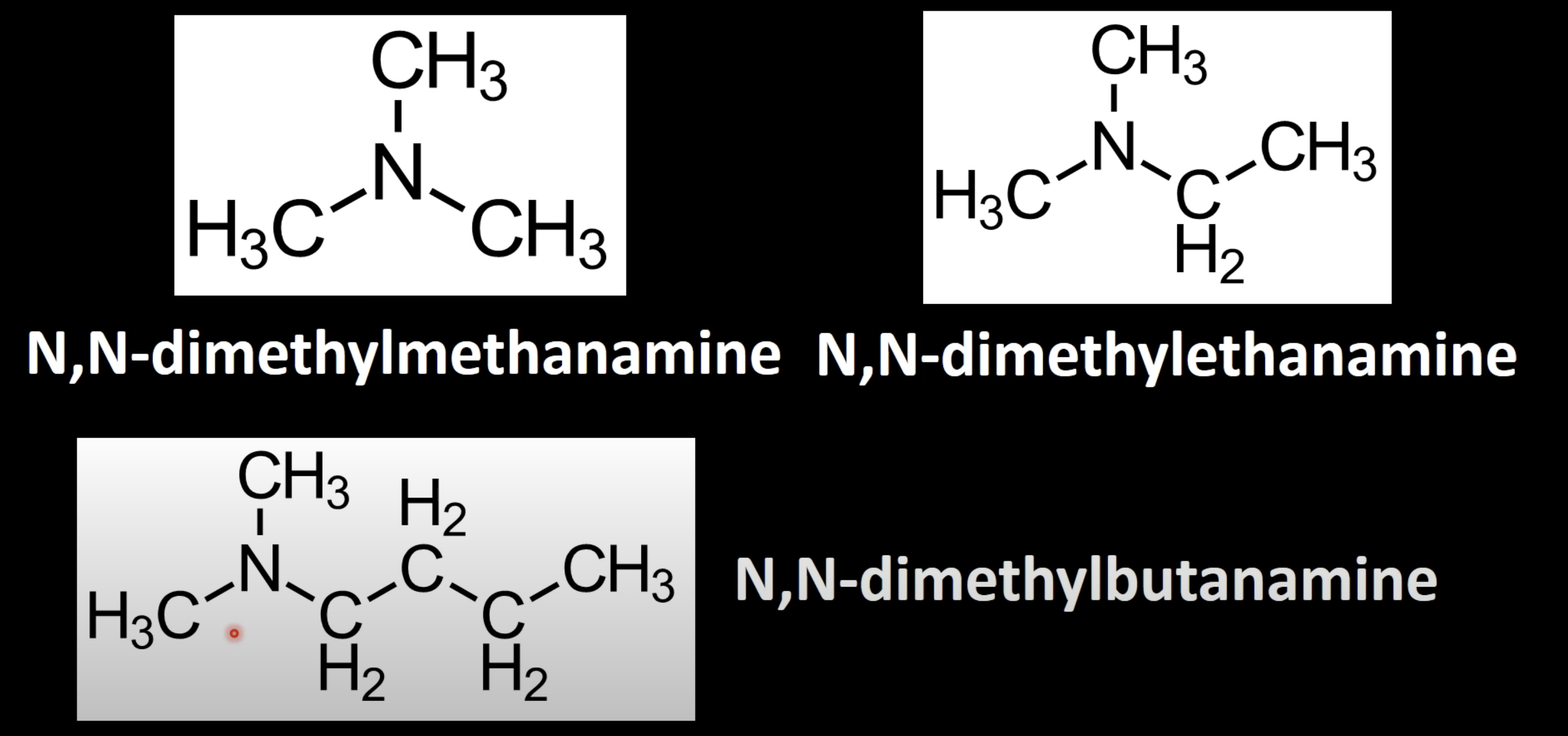 <p>Use uppercase 'N,N' for two alkyl groups on nitrogen</p><p>Name as 'N,N-dialkyl parentamine' (e.g., N,N-dimethylbutanamine).</p>