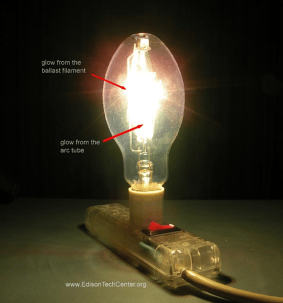 <p>A high intensity gas discharge lamp.<strong><u> Mercury vapor</u></strong> in clear quartz arc tube; blue-green. Can be used for street lights</p>
